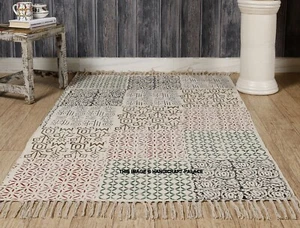 3 X 5 ft Off White Cotton Kashish Block Print Area Accent Dhurrie Rug Handmade - Picture 1 of 3