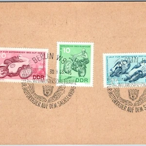 Juego de estampillas Scott 657-9 1963 Berlín Alemania Sachsenring motocicleta carrera cancelar 7N - Imagen 1 de 3