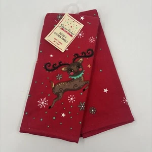 Neu mit Etikett 2er Set Johanna Parker rot Rentier Weihnachten Baumwolle Küchentuch 18x28 - Bild 1 von 5
