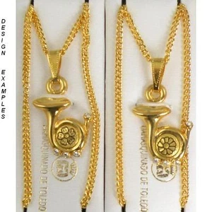 Damascene Gold French Horn Design Pendant Necklace by Midas of Toledo Spain - Foto 1 di 3