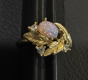 Vintage Damenring goldfarben Avon Faux Feueropal Strass Blätter verstellbar - Bild 1 von 8