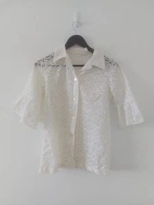 Vintage Womens Blouse Shirt Top Size 10 White Boho Retro Ladies Floral Pocket - Picture 1 of 6