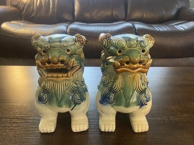 Vintage MCM Pair of Mid-Century Ceramic Chinese Foo Lions Guardian Dogs 9” - Image 1 of 4