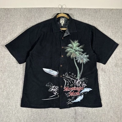 Montego Mon Silk Shirt XL Black Hawaiian SS Button Up Loop Collar Embroidered - Image 1 of 4