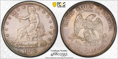 Dólar comercial 1873-S - PCGS AU50 - Primer año de emisión - Soporte escudo dorado Foto 1 de 4