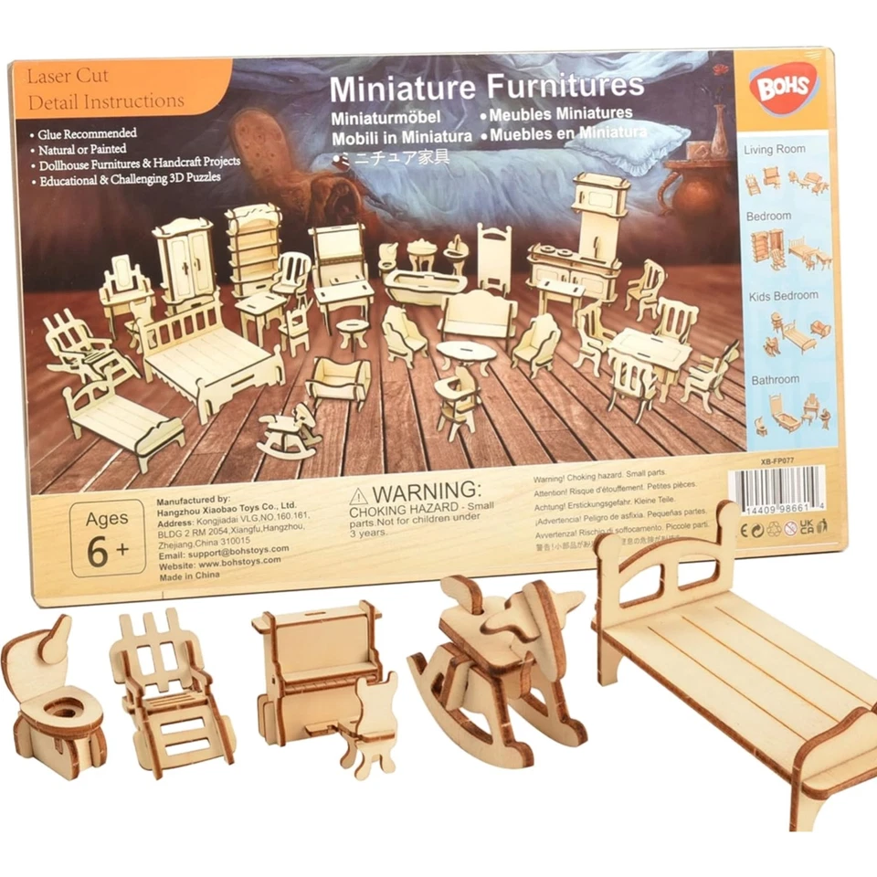 1set34pcs Wooden Dollhouse Furnitures 3d Puzzle Scale Miniature Models DIY