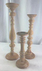 Wood Candle Holders Pillar Candles Set of 3 Whitewashed Cottage Country - Picture 1 of 8