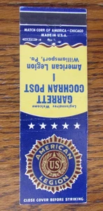 AMERICAN LEGION POST #1 MATCHBOOK COVER: WILLIAMSPORT, PA EMPTY MATCHCOVER -A9 - Picture 1 of 2