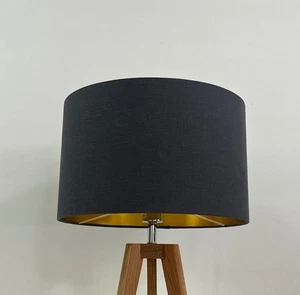 Lampshade Charcoal Grey Textured 100% Linen Brushed Gold Drum Light Shade - Picture 1 of 17