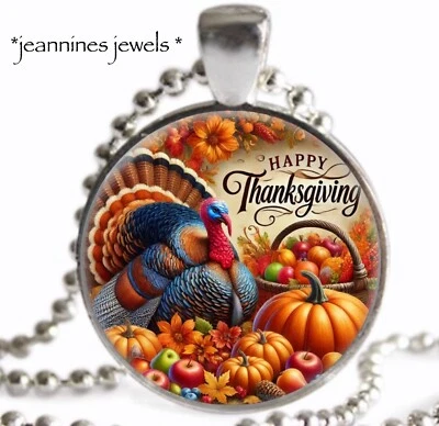 Collar Feliz Acción de Gracias Vintage Pavo Arte Impresión Plata Dije Colgante Regalo Foto 1 de 4