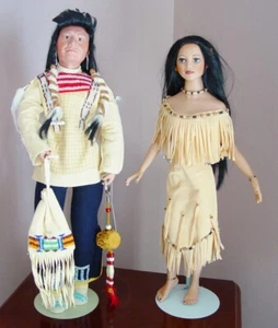 Vintage Danbury 20" CHIEF JOSEPH & MAIDEN INDIAN Porcelain Dolls - Picture 1 of 11
