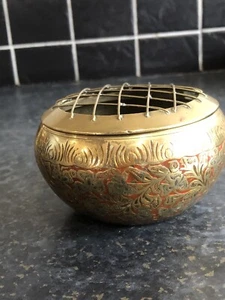 Indian Brass Rose Flower Bowl Hand Etched Leaves - Picture 1 of 7