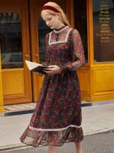 Isabel Floral Print Guipure Lace Insert Flounce Sleeve Ruffle Hem Dress Size M - Picture 1 of 10