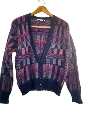Cárdigan Lise J Vintage Mezcla Mohair Azul Púrpura Pestañas Medianas Abstracto Indie Foto 1 de 4