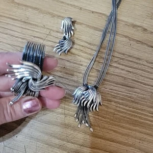 Vintage Parure Halskette Armband Clip Ohrringe silberfarben Wasserfälle en zitternd  - Bild 1 von 13