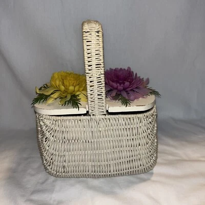 Vtg Simon White Plastic Coated Wicker Style Purse With Purple And Yellow Flowers - Image 1 of 4
