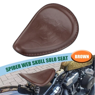 Brown PU Leather Spider Web Skull Solo Seat For Harley Dyna Softail Sportster XL Foto 1 de 4