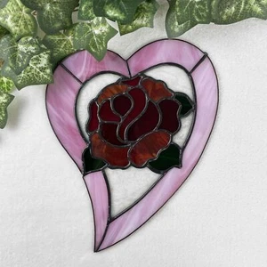 Handmade Stained Glass Rose Heart Suncatcher in Red, Pink, Green - Great Gift! - Picture 1 of 6