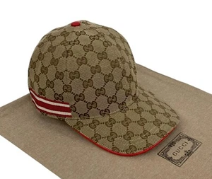 Authentic Gucci GG Monogram Red Web Stripe Beige Baseball Cap Hat Size M - Picture 1 of 21