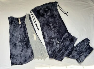 Mystree Navy Print Sleeveless Top Pants 2 Piece Set Rayon Casual Womens M L - Picture 1 of 9