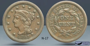 1851 N-17 Braided Hair Large Cent, Fine Condition, Ryan's Rare Coins, C8026 - Picture 1 of 1