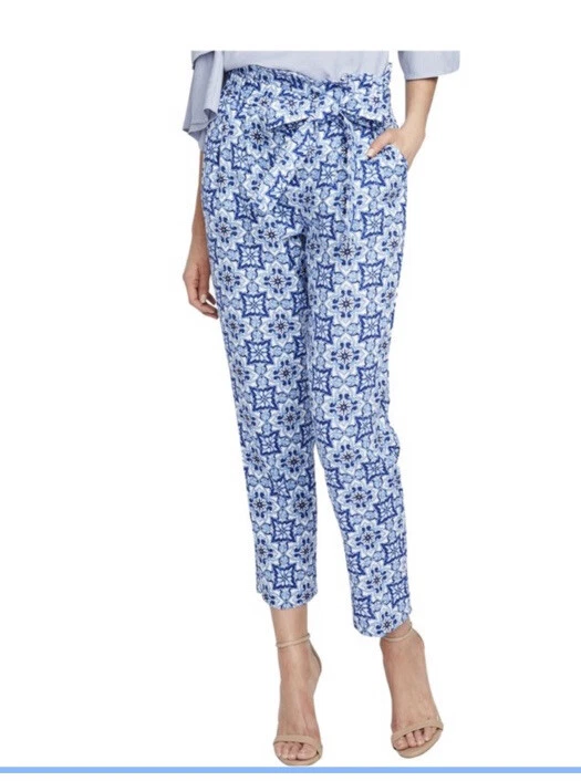 Pantalones Pantalones informales con estampado de azulejos Rachel Roy para mujer, azules, corbata en la cintura talla 4 NUEVO Foto 1 de 4