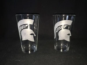 Michigan State Hand Etched (with a Dremel) Pint Glasses! - Picture 1 of 4