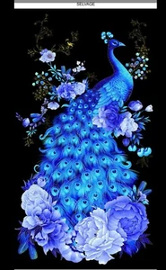 Royal Plume Peacock Panel Cotton Fabric Metalic Floral Timeless Treasures CM1560 - Picture 1 of 3