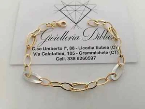 18K YELLOW WHITE GOLD BRACELET ALTERNATE 7mm WIDTH OVALS RHOMBUS 19cm 7.5 INCHES - Picture 1 of 9