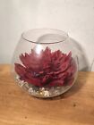Glass Fishbowl Vase With Pebbles and Red Flower 