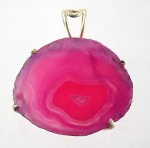 Sterling Silver Dyed Fuschia Pink Agate Slice Pendant 925 8.9G - Picture 1 of 12