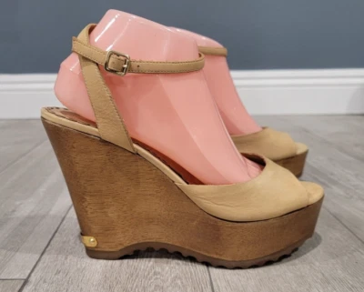 JUICY COUTURE Tan Leather Ankle Strap Wooden Platform Wedge Sandals 9.5M - Image 1 of 4