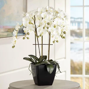 Potted Faux Artificial Flowers Arrangements Realistic White Phalaenopsis Orchid - Picture 1 of 7