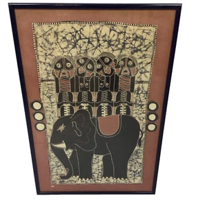 Bali Batik Vintage Fabric Print Wall Hanging 27"x18" Framed Large Elephant Faces - Picture 1 of 14