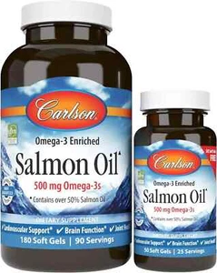 Carlson Labs Lachsöl 500 mg Omega-3 Gehirn & Herz-Kreislauf 180+50 Weichkapseln - Bild 1 von 4
