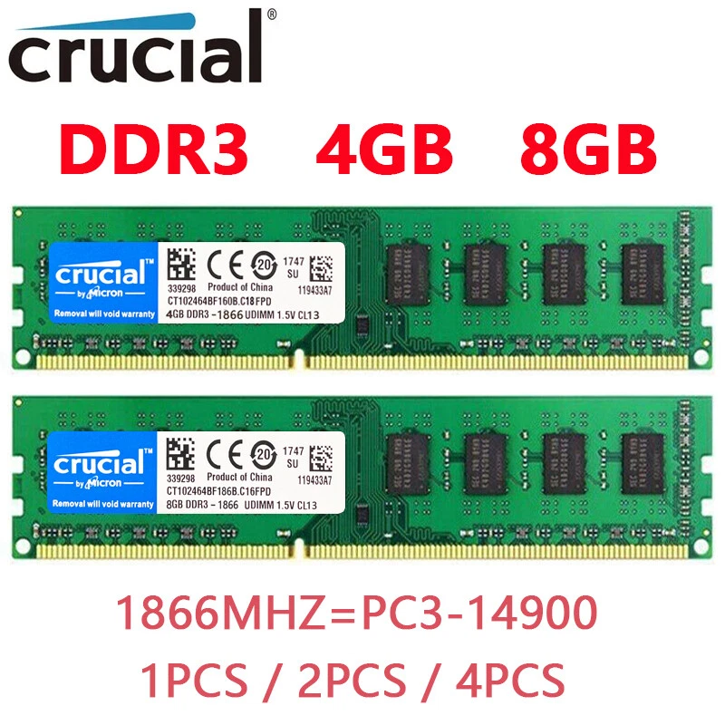 CRUCIAL DDR3 4GB 8GB 1866MHZ PC3-14900 Desktop RAM Memory DIMM 1.5V 240pins - Image 1 of 4