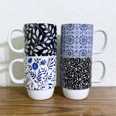 Juego de 4 tazas de café florales apilables 12 oz azul índigo blanco mezcla combinación Foto 1 de 2
