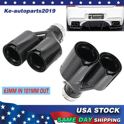 For BMW 63mm In 101MM Out Dual Car Carbon Fiber Exhaust Twin End Tips Tail Pipe - Image 1 of 4