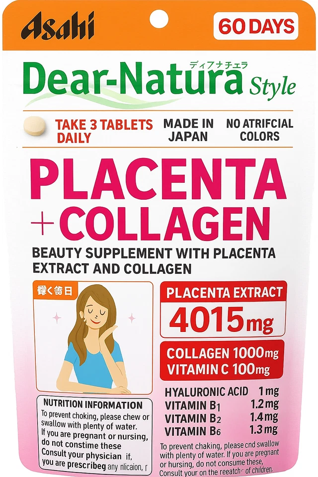 Asahi Dear-Natura Style Placenta × Collagen 180 Tablets (60 Days) Made in Japan - Image 1 of 4