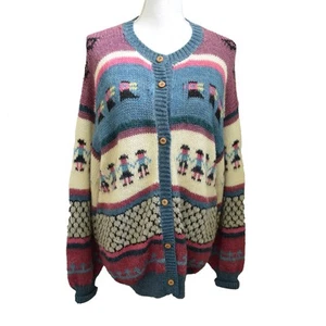 Vintage Hand Knit Women’s Cardigan Jacket 100% Alpaca Multicolor Size L/XL - Picture 1 of 4