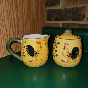 Yellow Green Red Farm Ceramic Pacific Rim Rooster Creamer & Sugar Made in China - Picture 1 of 4
