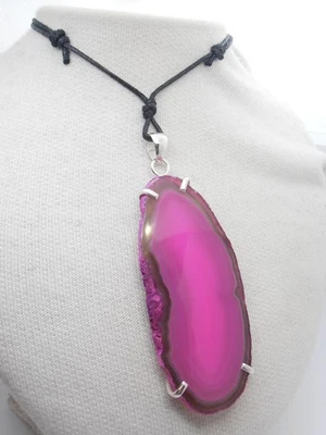 Ciondolo in Argento 925 con Agata Rosa e girocollo - Pietra Dura Fucsia - Fuxia - Immagine 1 di 4