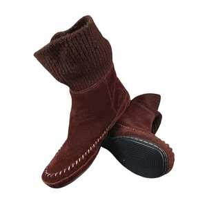 Minnetonka Brown Suede Leather Mocassin Ankle Boots Knit Cuff Zipper Size 8.5 - Picture 1 of 8