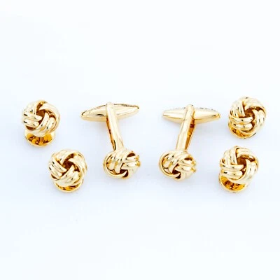 Juego de 2 gemelos y tachuelas con nudo dorado MRCUFF y 4 tachuelas para camisa embalado a granel Foto 1 de 3