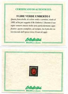 1889: effigie di Umberto I - 5 L. verde e carminio (con certificato Bolaffi) - Foto 1 di 1
