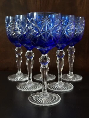 Crystal  blue wine glasses x 6 - Image 1 of 4