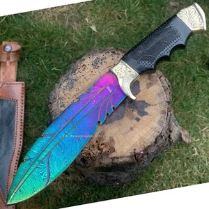 BEAUTIFUL CUSTOM HAND MADE DAMASCUS STEEL HUNTING KNIFE HANDLE BRASS ENGRAVE - Bild 1 von 5