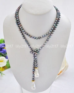 Long 45" 7-8mm real natural black white keshi baroque freshwater pearl necklaces - Picture 1 of 13