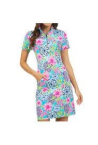 NWT Ladies IBKUL LARISA Turquoise Multi Short Sleeve Mock Golf Dress - XS & XL - Picture 1 of 1