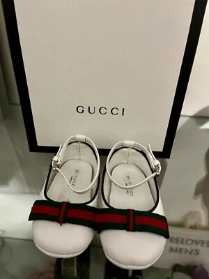Nuevo Gucci Cochecito Bebé Niñas Cuero Blanco Web Ballet Zapatos EU 16 UK 0.5 Foto 1 de 4